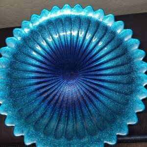 Iridescent Blue Glass Art Plate - Decorative Accent 15 Inches